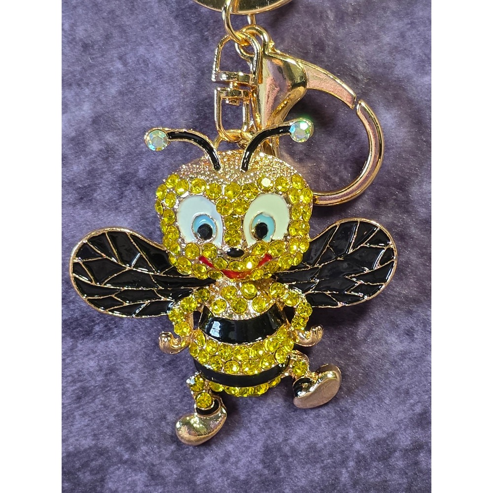 Sparkling Rhinestone Bee Keychain Charm Gold Tone Black Wings Cute Bag Accessory